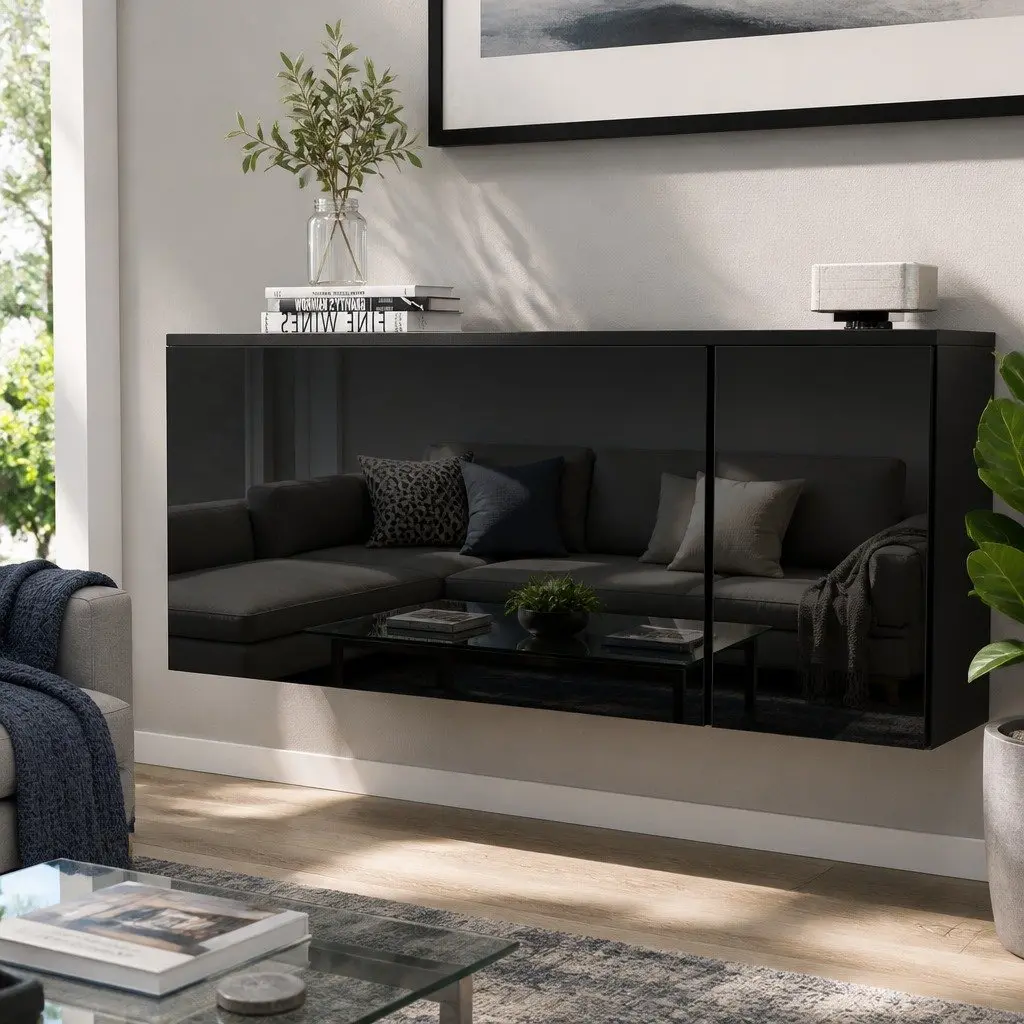 Floating Black TV Entertainment Unit with 3 Cabinets