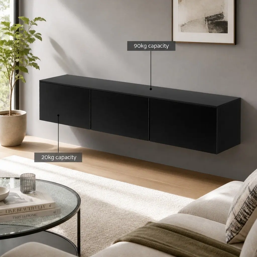 Floating Black TV Entertainment Unit with 3 Cabinets