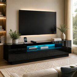 Black TV Entertainment Unit with LED Lighting 180cm