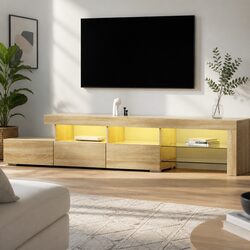 Pine Wood Entertainment Unit with LED Lighting 215cm