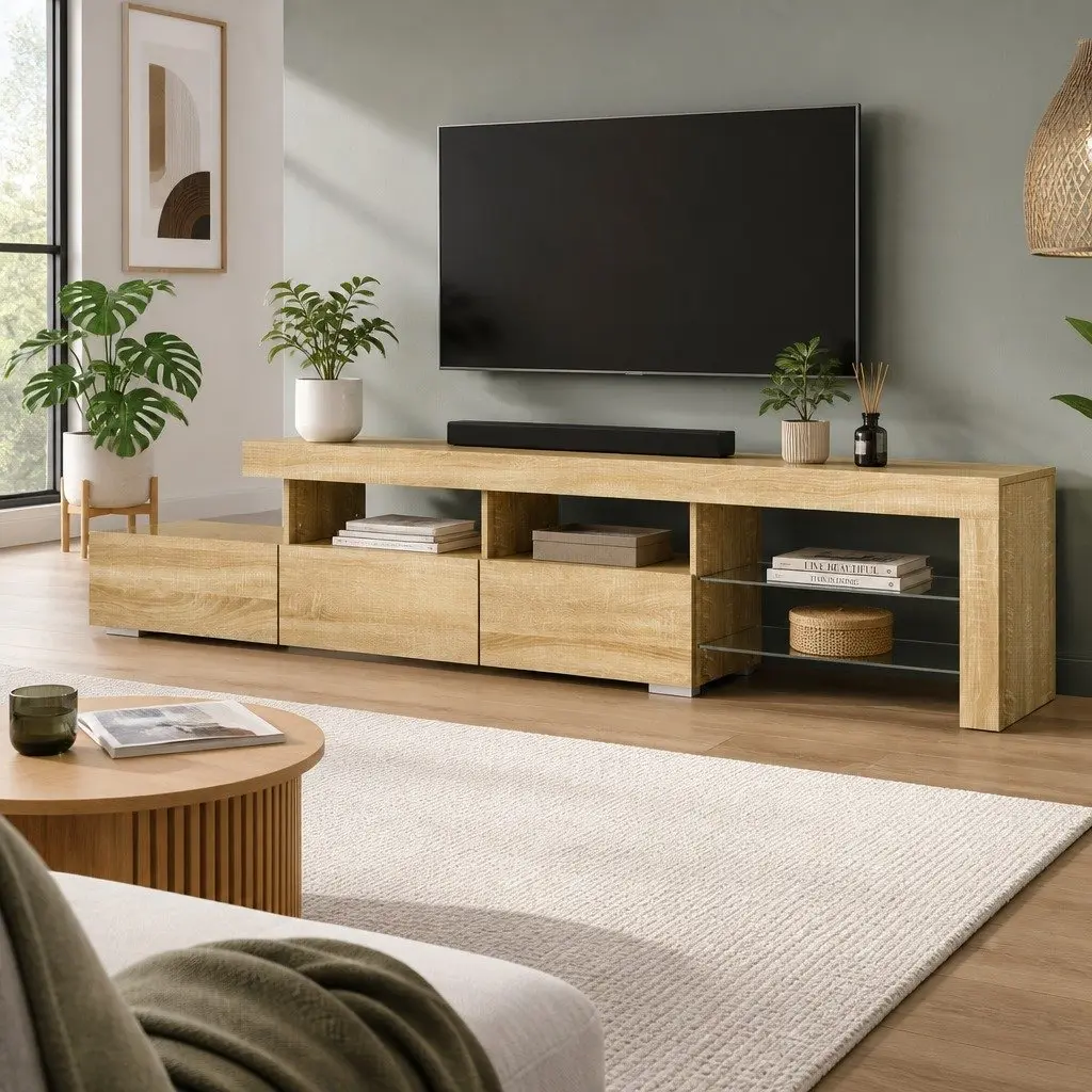 Entertainment Unit TV Cabinet LED 215cm Pine Wood Tempered Glass Storage Display
