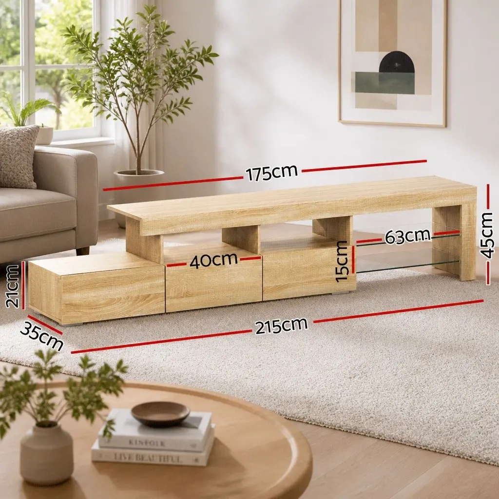 Entertainment Unit TV Cabinet LED 215cm Pine Wood Tempered Glass Storage Display