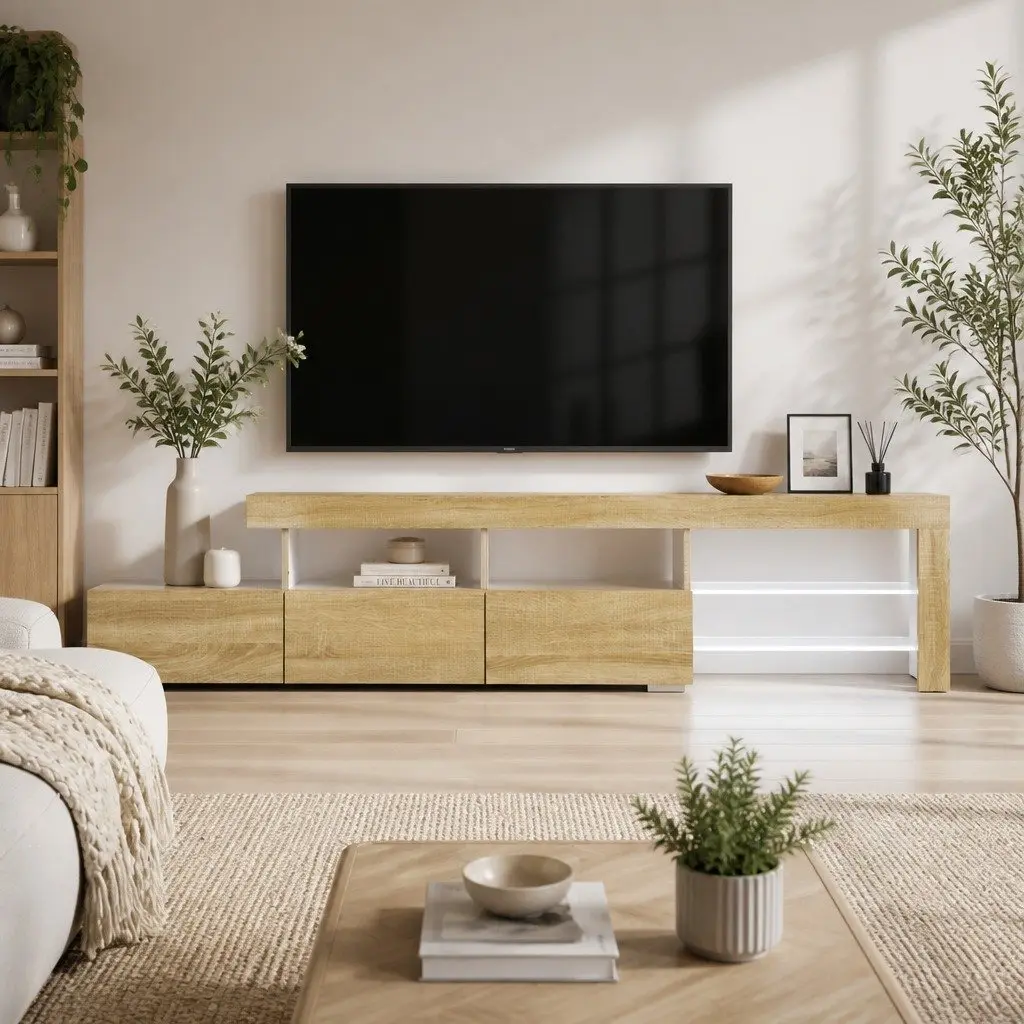 Entertainment Unit TV Cabinet LED 215cm Pine Wood Tempered Glass Storage Display
