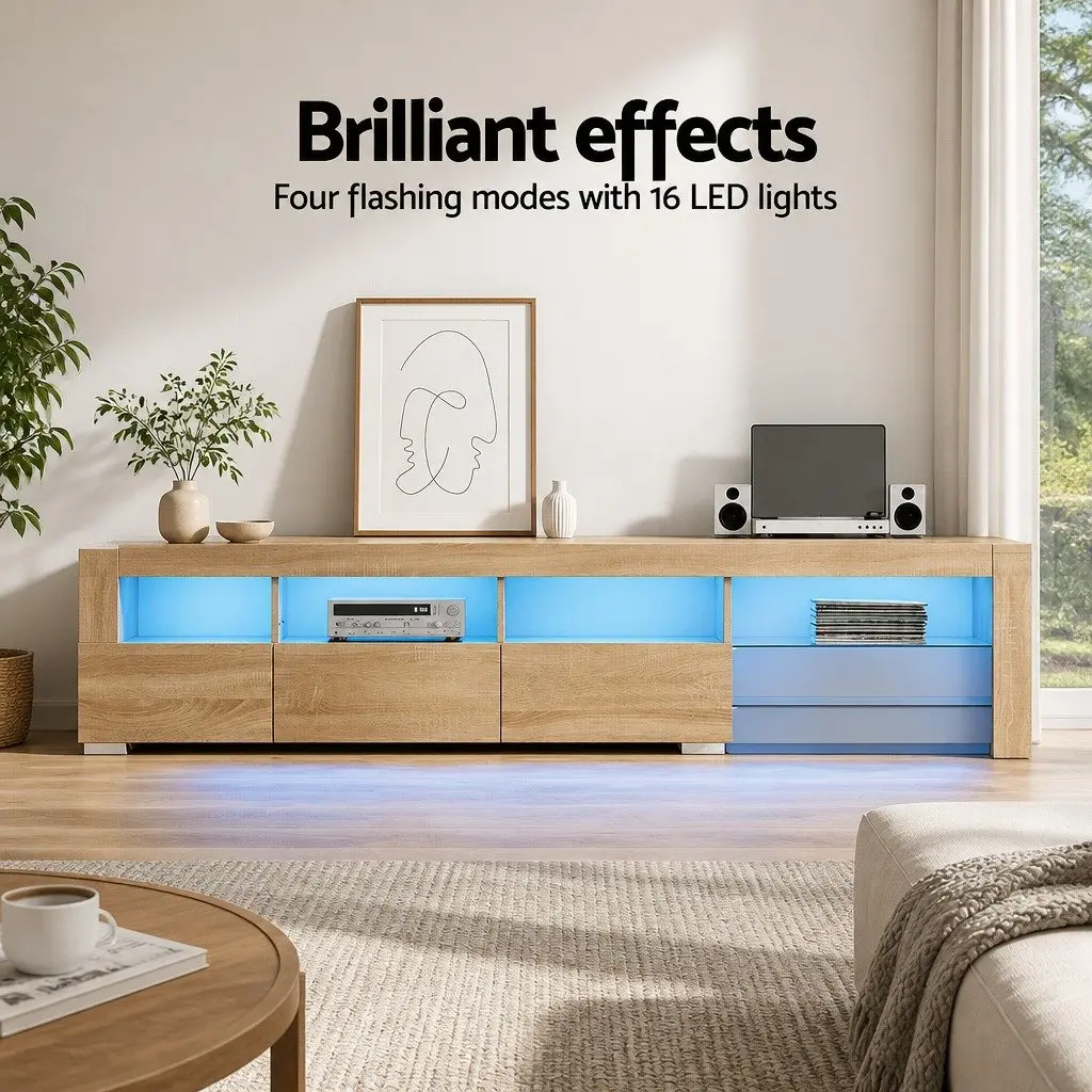 Entertainment Unit TV Cabinet LED 215cm Pine Wood Tempered Glass Storage Display