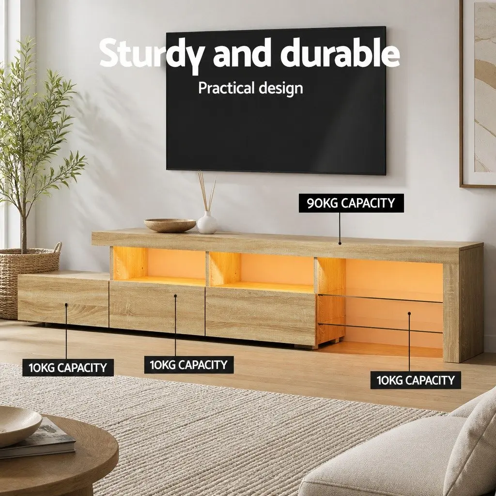 Entertainment Unit TV Cabinet LED 215cm Pine Wood Tempered Glass Storage Display