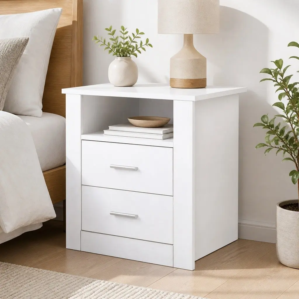 White Bedside Table with Two Drawers
