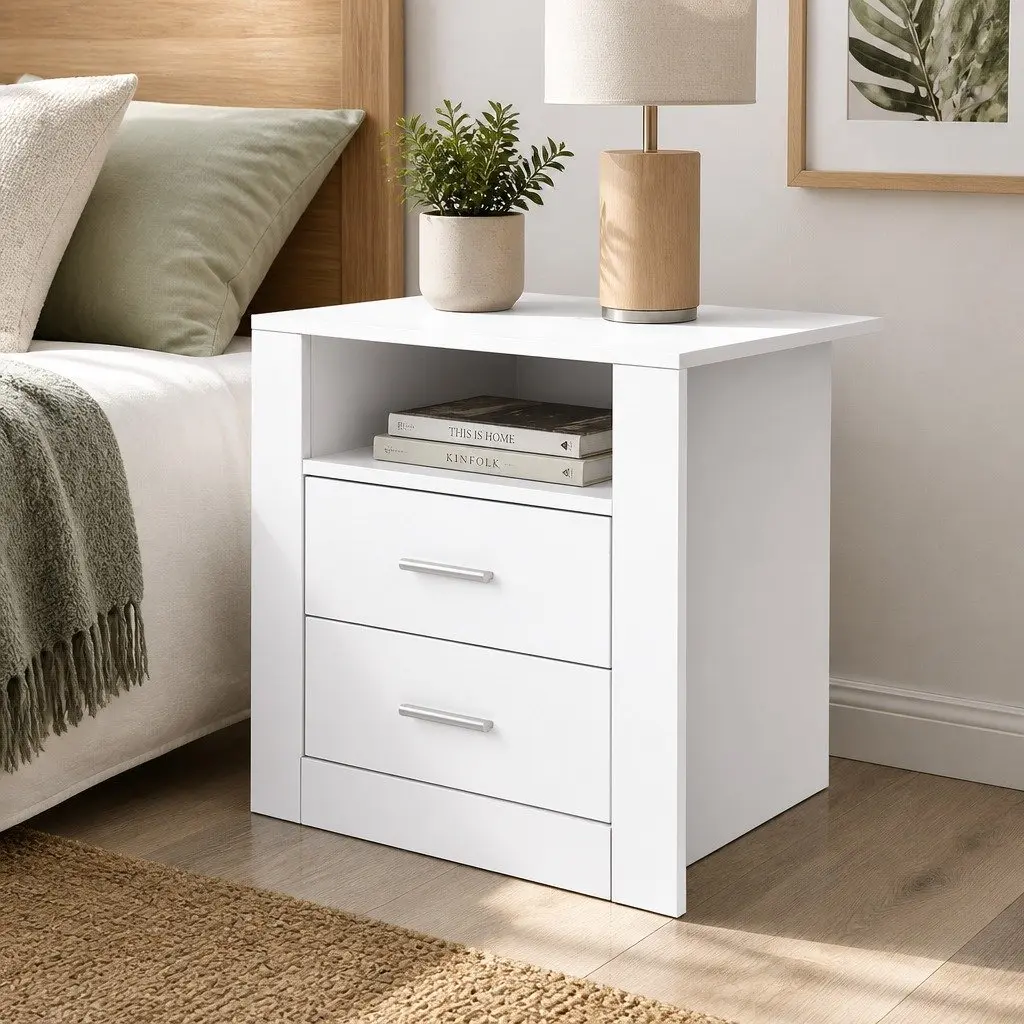 White Bedside Table with Two Drawers