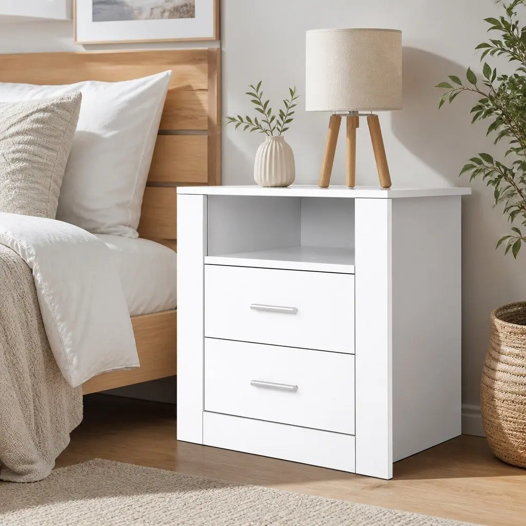 White Bedside Table with Two Drawers