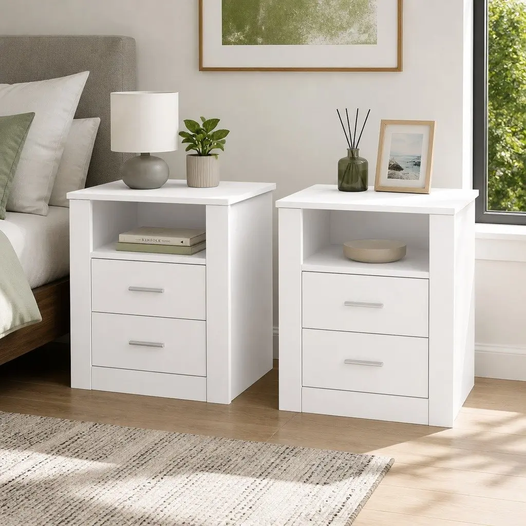 White Modern Bedside Table with 2 Drawers and Shelf