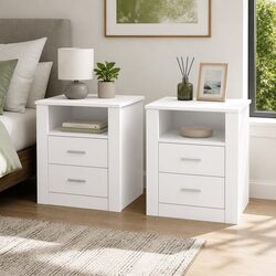 White Modern Bedside Table with 2 Drawers and Shelf