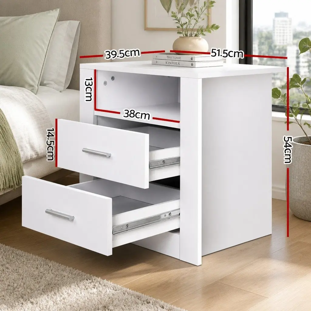 White Modern Bedside Table with 2 Drawers and Shelf