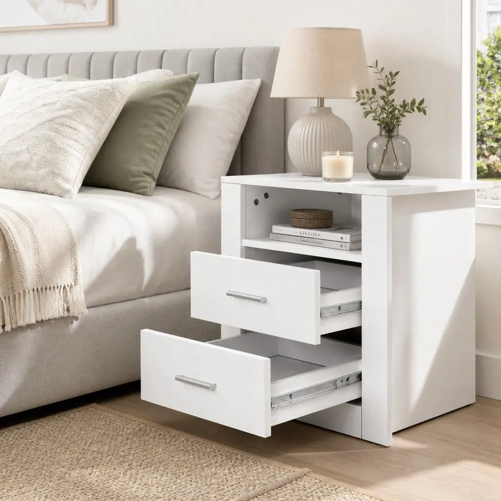 White Modern Bedside Table with 2 Drawers and Shelf