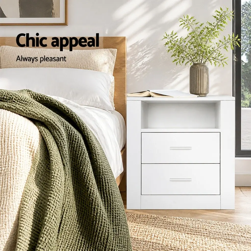 White Modern Bedside Table with 2 Drawers and Shelf