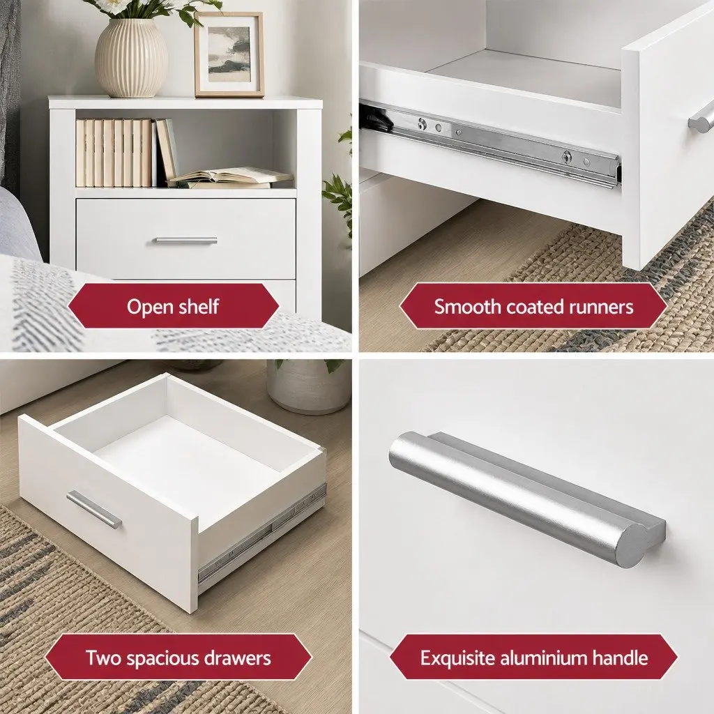 White Modern Bedside Table with 2 Drawers and Shelf