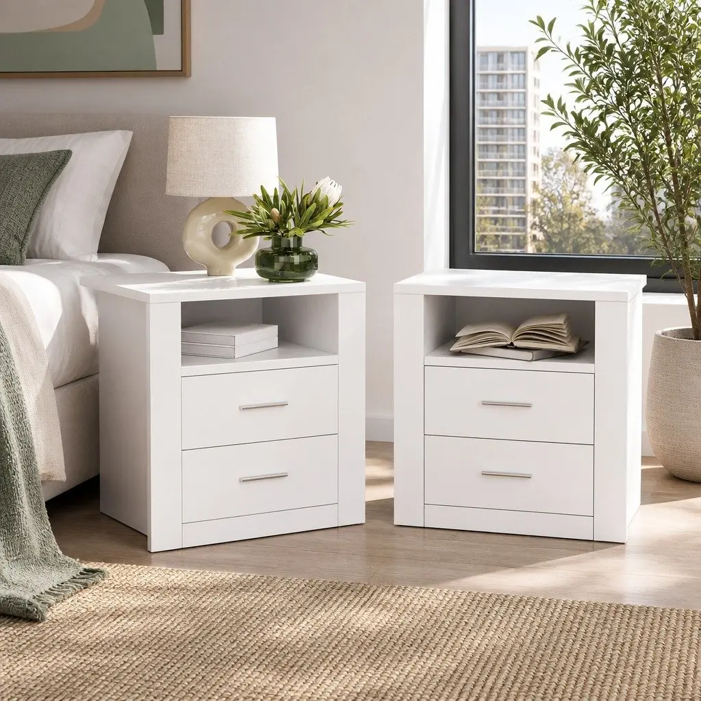 White Modern Bedside Table with 2 Drawers and Shelf