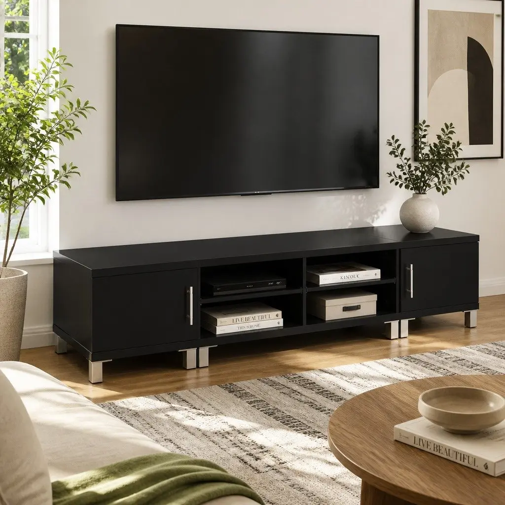 TV Cabinet Entertainment Unit Black 190cm Contemporary Paper Veneer