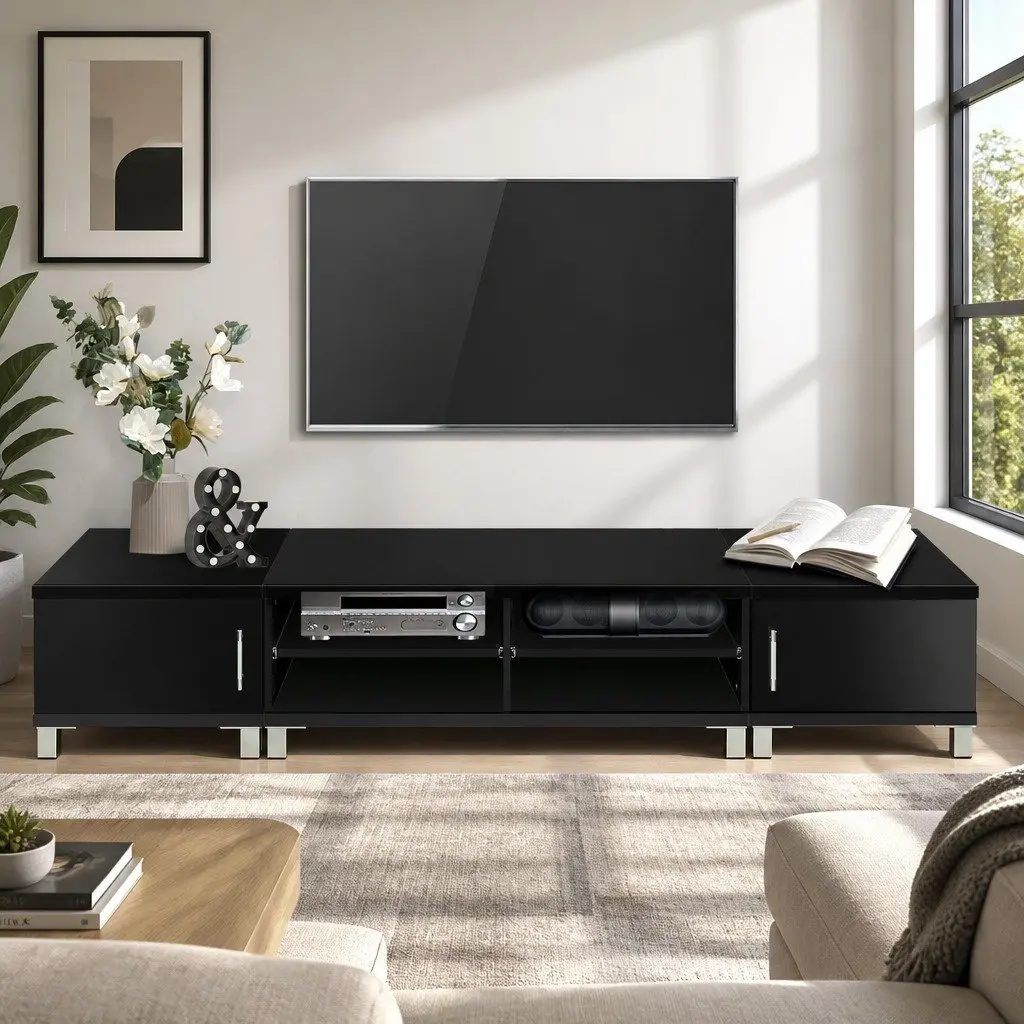 TV Cabinet Entertainment Unit Black 190cm Contemporary Paper Veneer