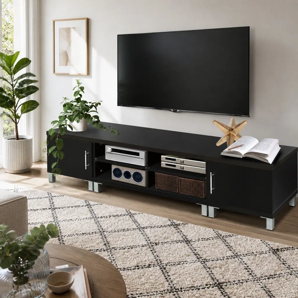TV Cabinet Entertainment Unit Black 190cm Contemporary Paper Veneer