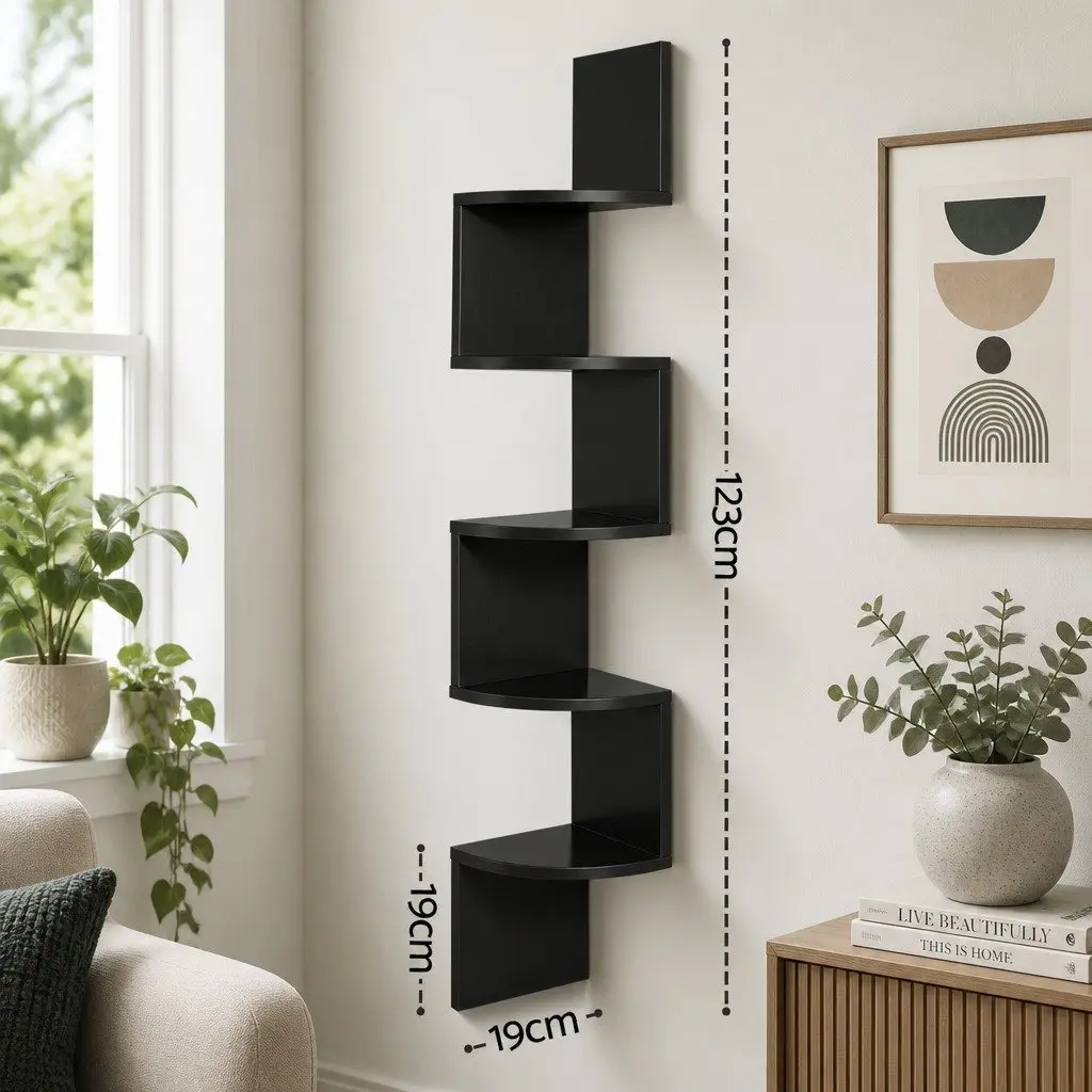 Wall Shelf Corner Floating 5-Tier Bookcase Storage Living Room Bedroom Kitchen