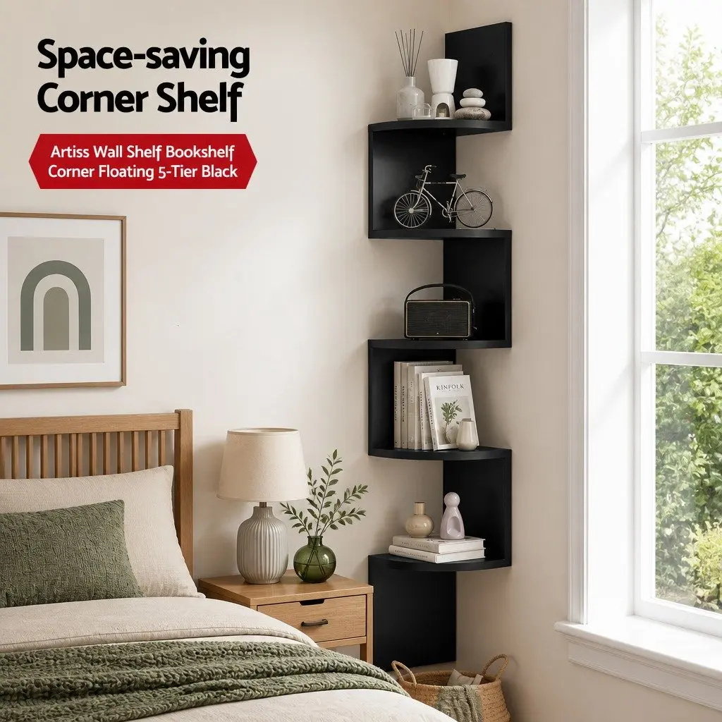 Wall Shelf Corner Floating 5-Tier Bookcase Storage Living Room Bedroom Kitchen