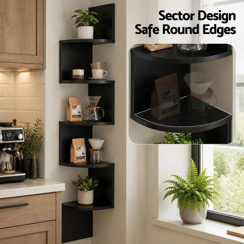 Wall Shelf Corner Floating 5-Tier Bookcase Storage Living Room Bedroom Kitchen