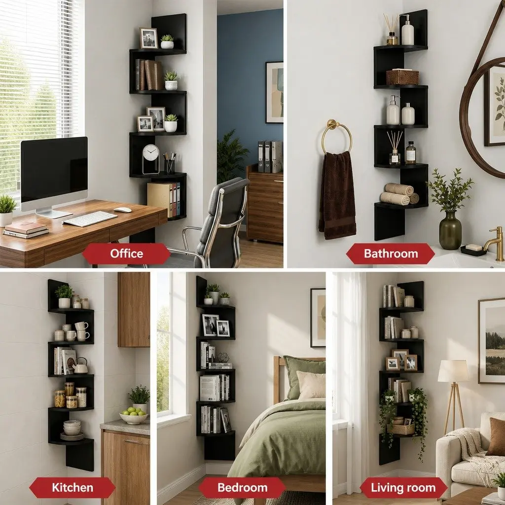 Wall Shelf Corner Floating 5-Tier Bookcase Storage Living Room Bedroom Kitchen