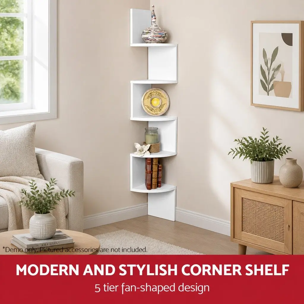 Wall Corner Floating Shelf 5-Tier White Particle Board Storage Display Unit