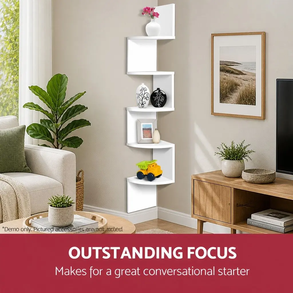 Wall Corner Floating Shelf 5-Tier White Particle Board Storage Display Unit