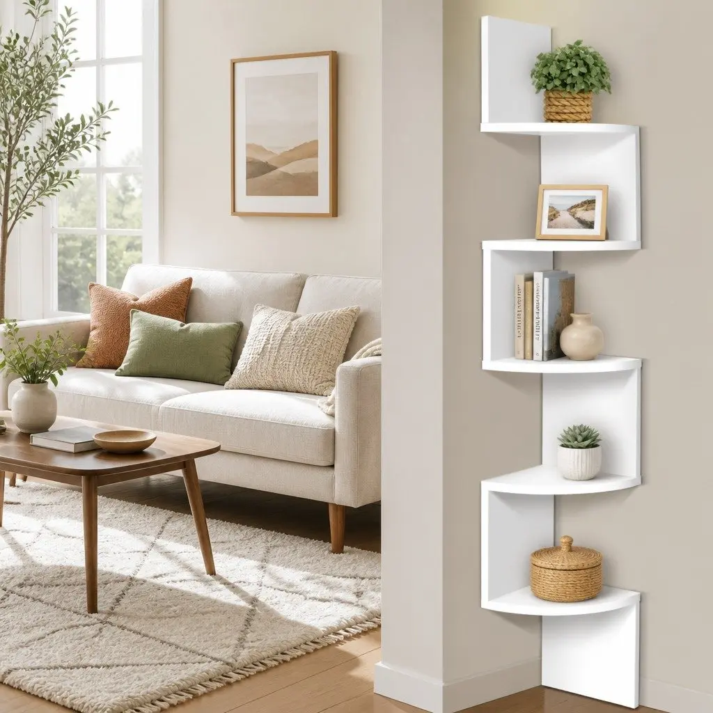 Wall Corner Floating Shelf 5-Tier White Particle Board Storage Display Unit