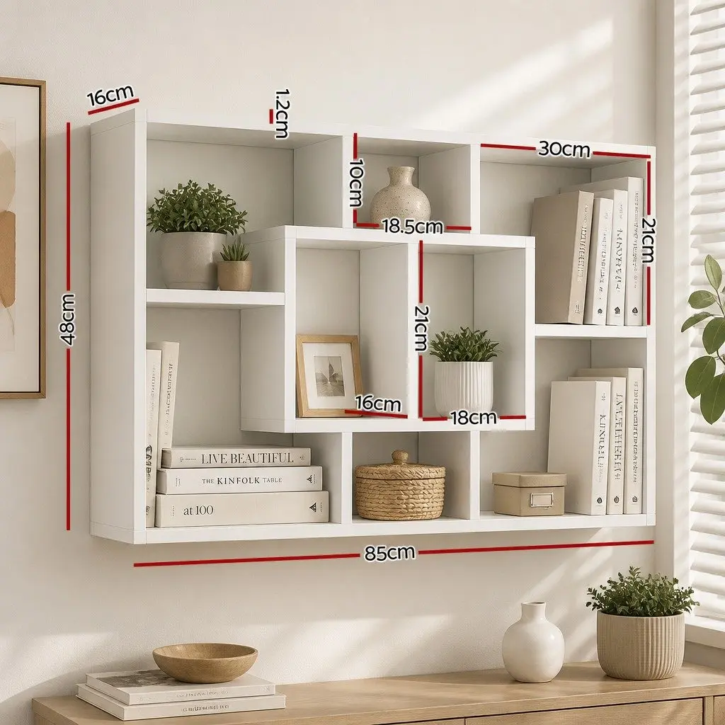 Floating Wall Shelf White 8 Compartments Display Unit 85cm Particle Board