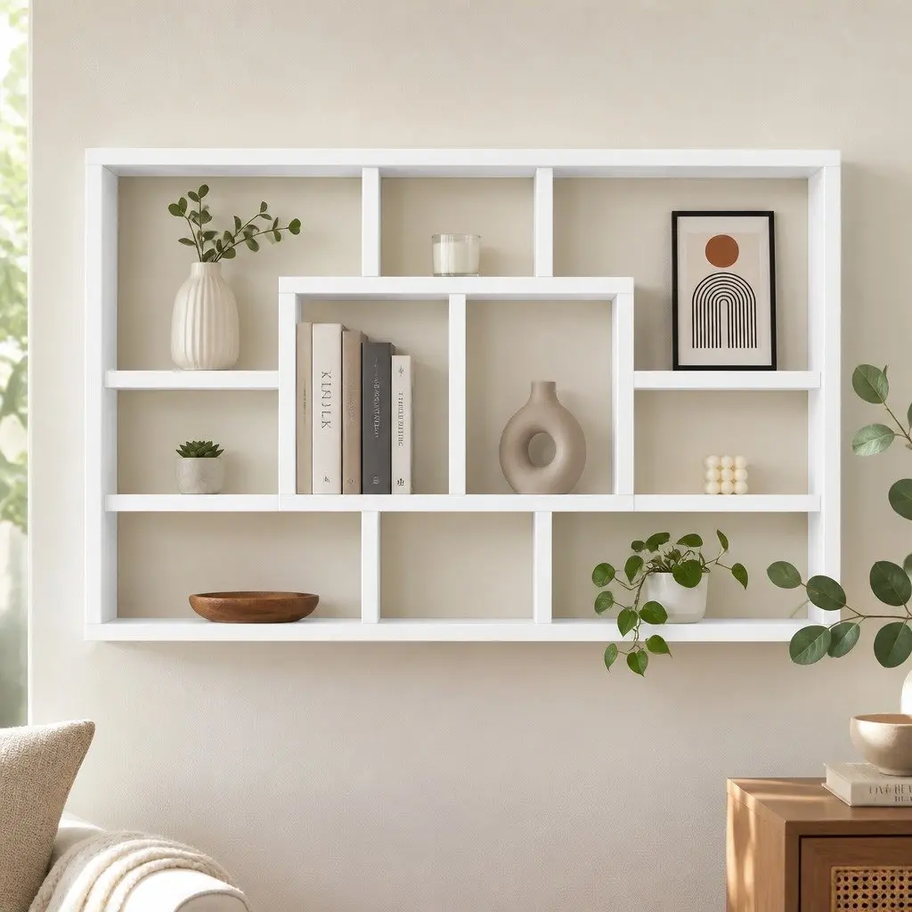 Floating Wall Shelf White 8 Compartments Display Unit 85cm Particle Board