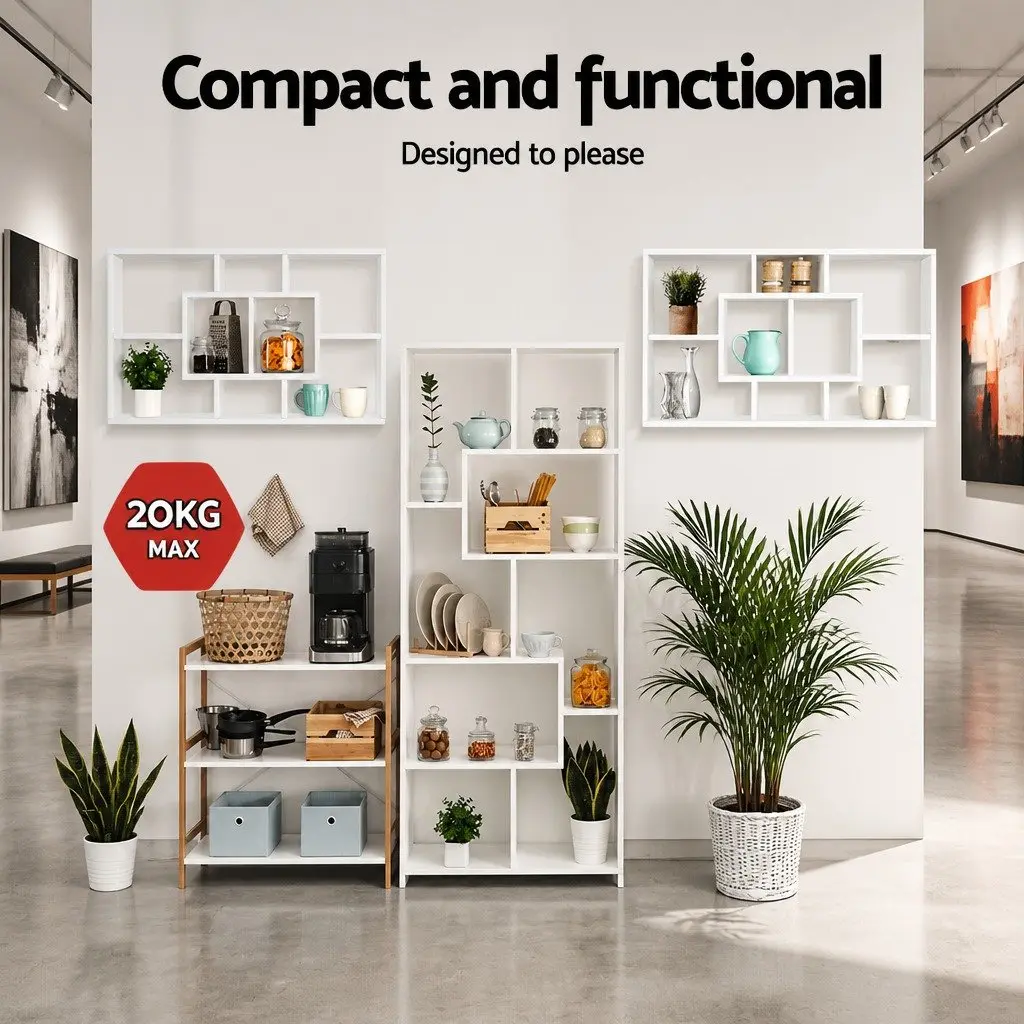 Floating Wall Shelf White 8 Compartments Display Unit 85cm Particle Board