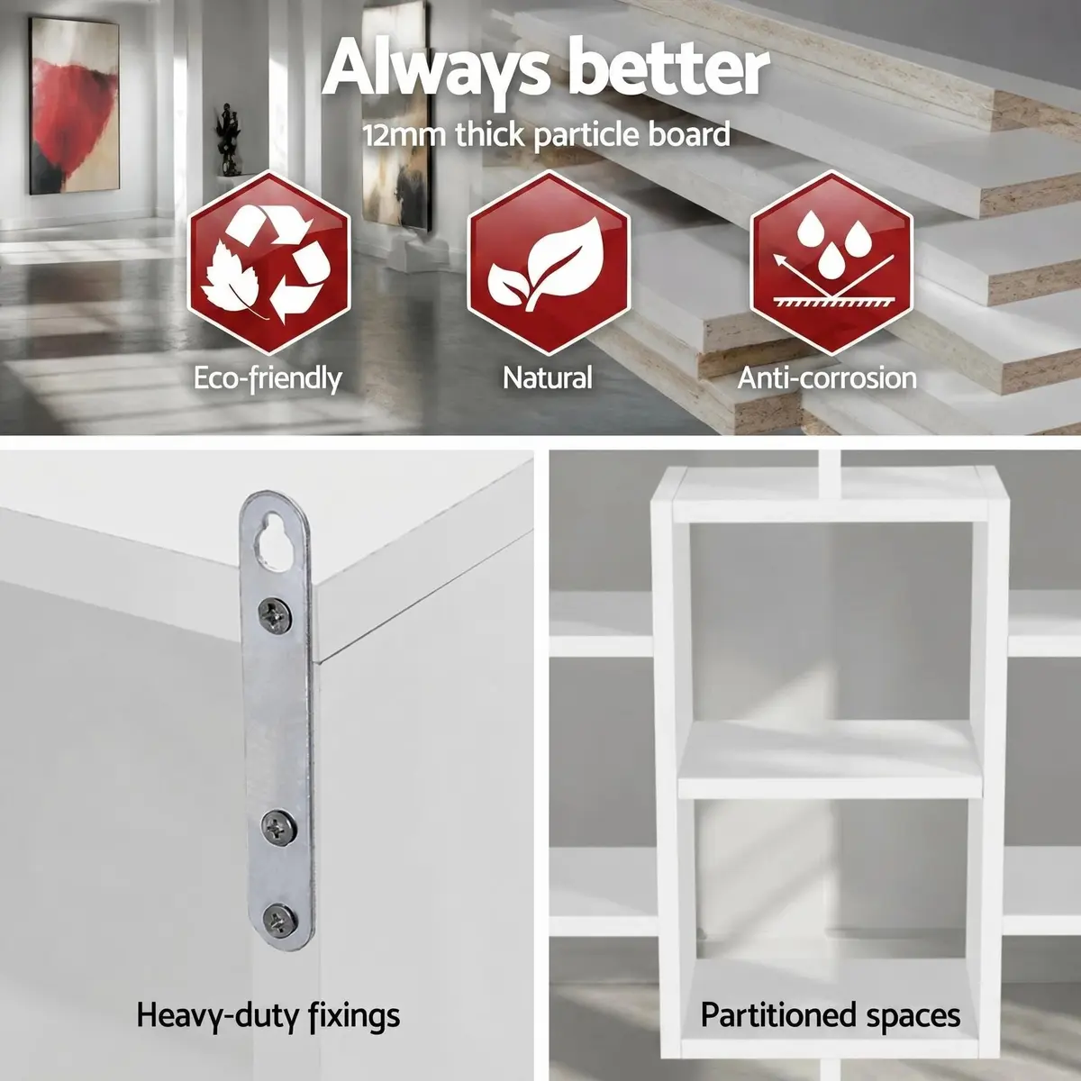 Floating Wall Shelf White 8 Compartments Display Unit 85cm Particle Board