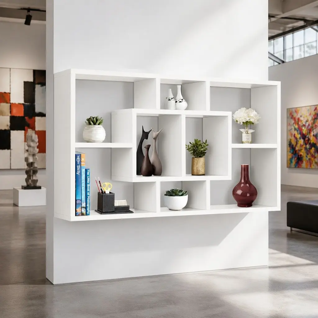 Floating Wall Shelf White 8 Compartments Display Unit 85cm Particle Board