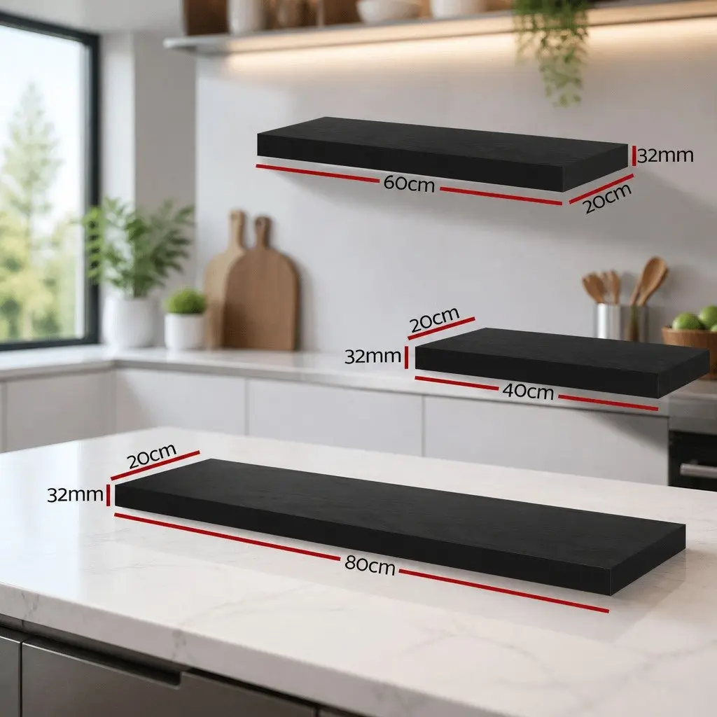 Floating Wall Shelf Set of 3 Black Honeycomb Board 20cm Width 40cm 60cm 80cm Lengths