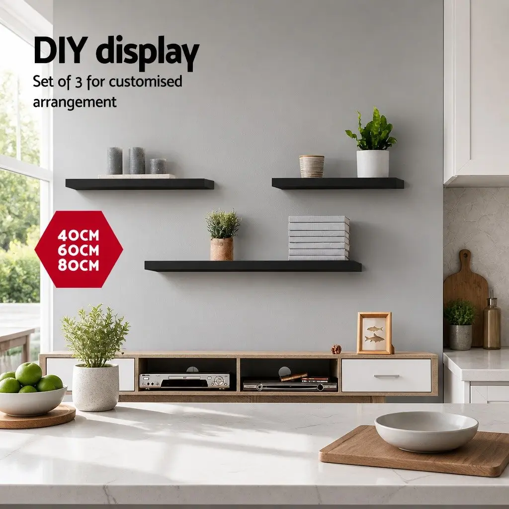 Floating Wall Shelf Set of 3 Black Honeycomb Board 20cm Width 40cm 60cm 80cm Lengths