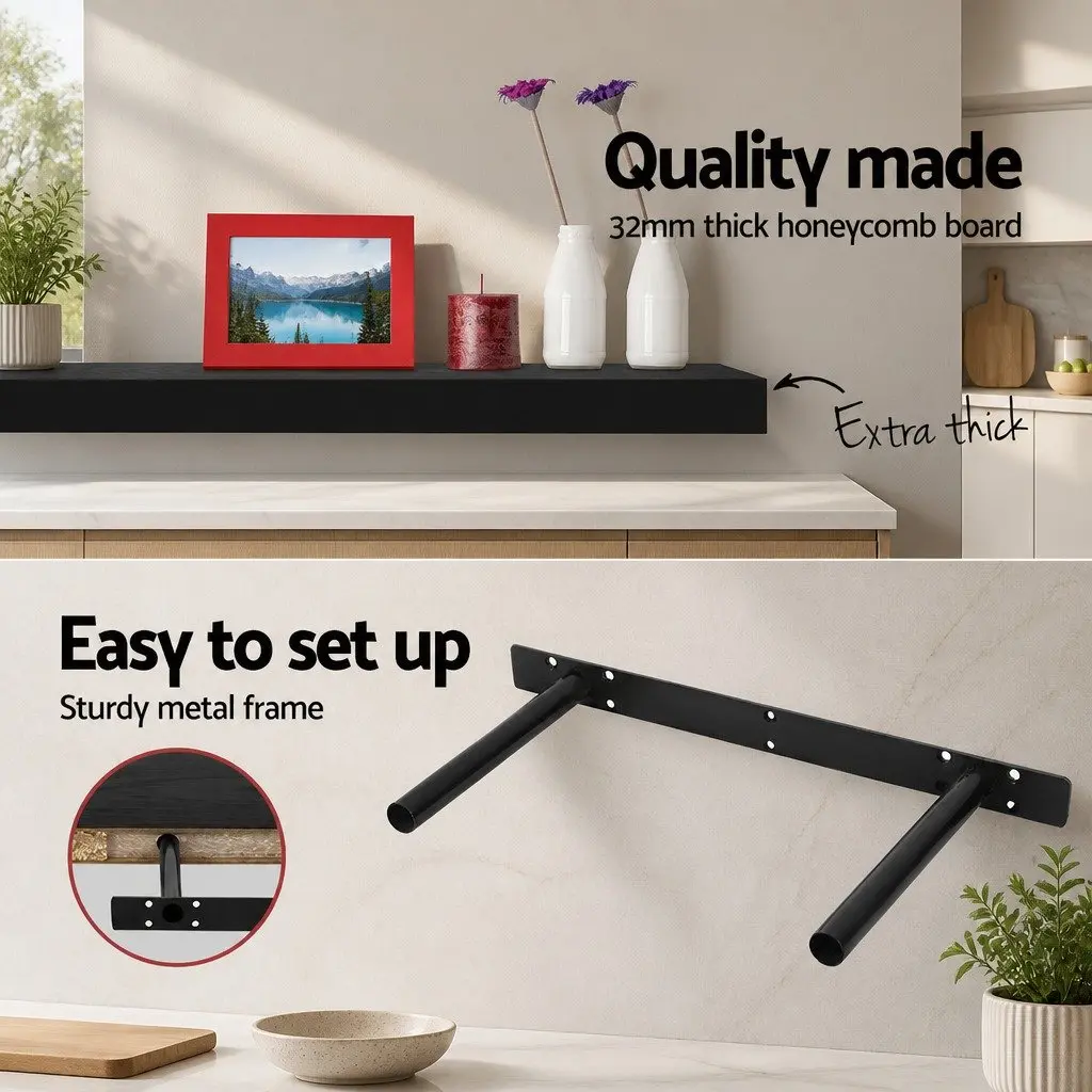 Floating Wall Shelf Set of 3 Black Honeycomb Board 20cm Width 40cm 60cm 80cm Lengths