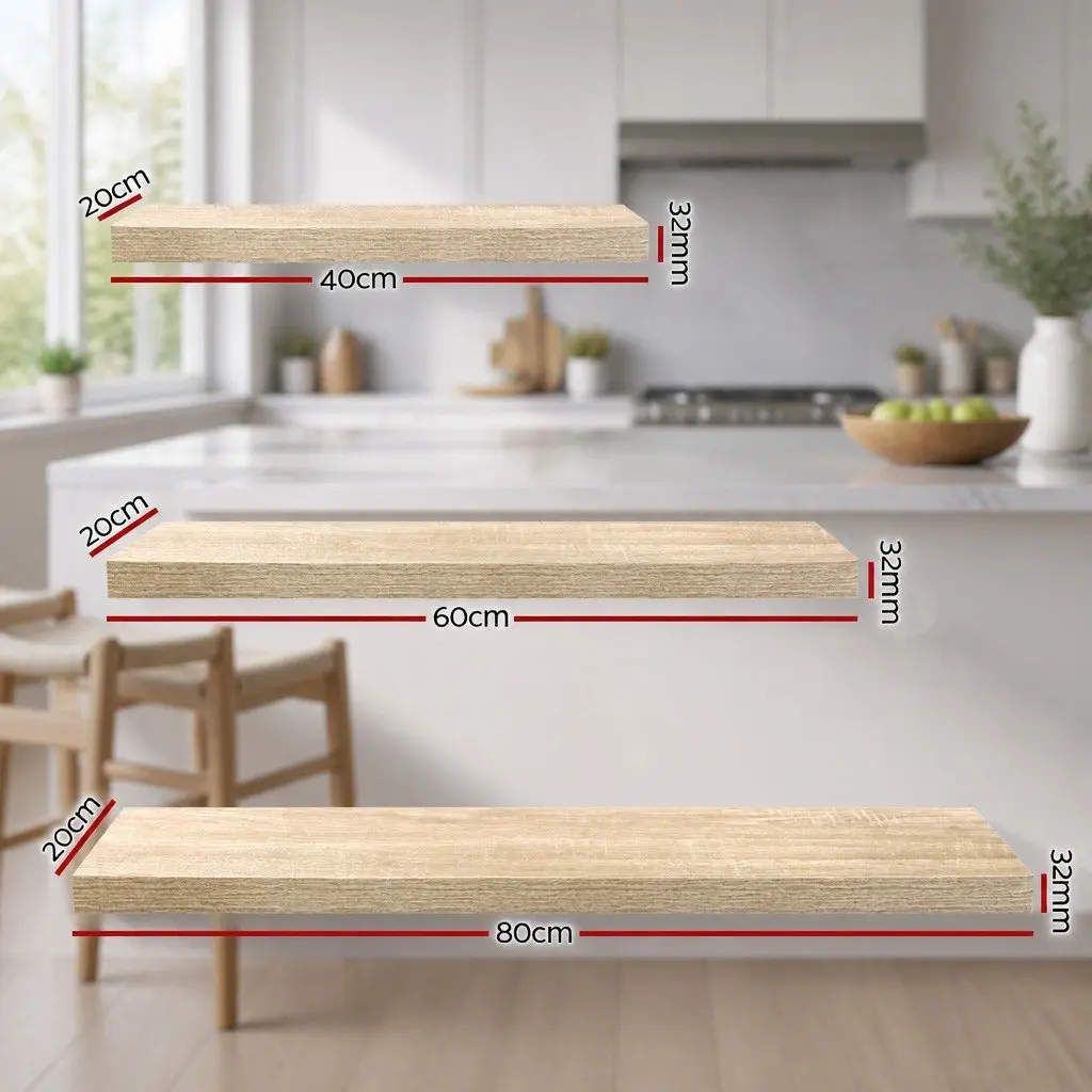 Floating Wall Shelf Set of 3 Oak Melamine Metal Frame 20cm Width 40cm 60cm 80cm