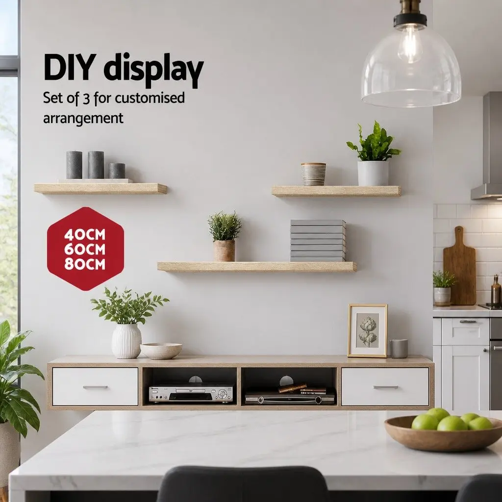 Floating Wall Shelf Set of 3 Oak Melamine Metal Frame 20cm Width 40cm 60cm 80cm