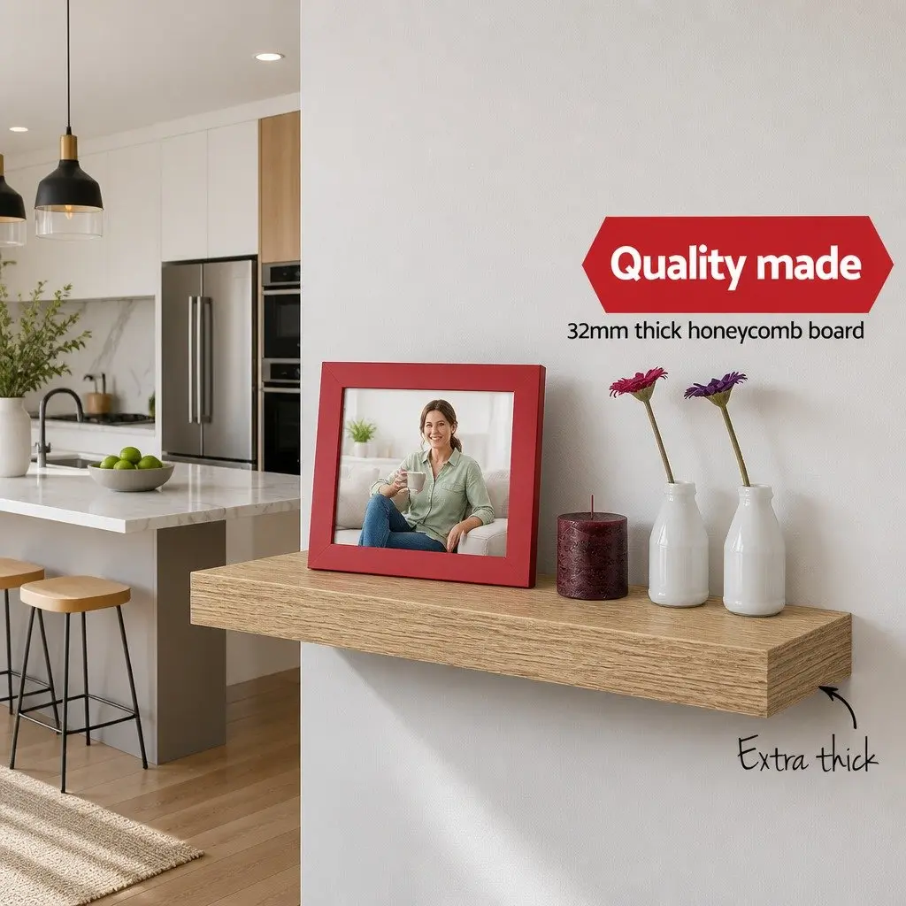 Floating Wall Shelf Set of 3 Oak Melamine Metal Frame 20cm Width 40cm 60cm 80cm