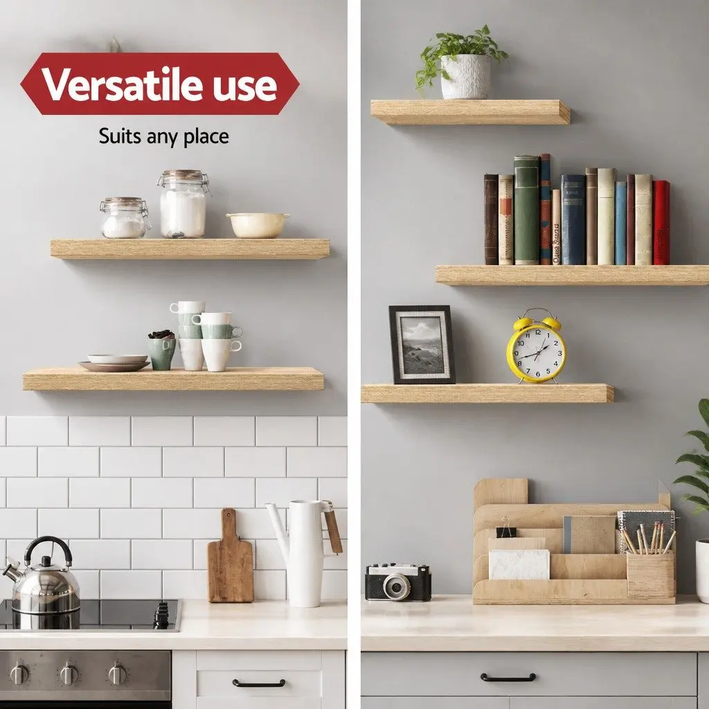 Floating Wall Shelf Set of 3 Oak Melamine Metal Frame 20cm Width 40cm 60cm 80cm