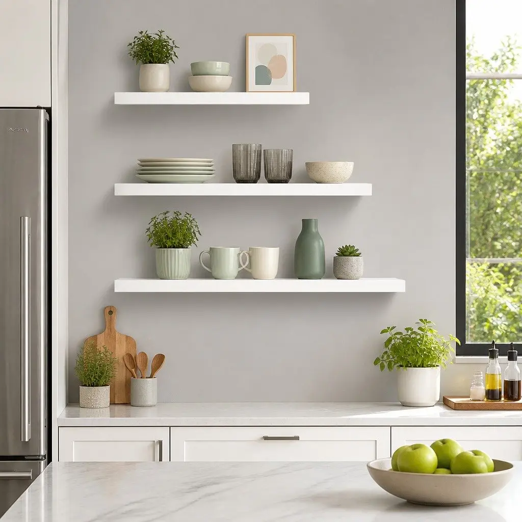 Set of 3 White Floating Wall Shelves for Home
