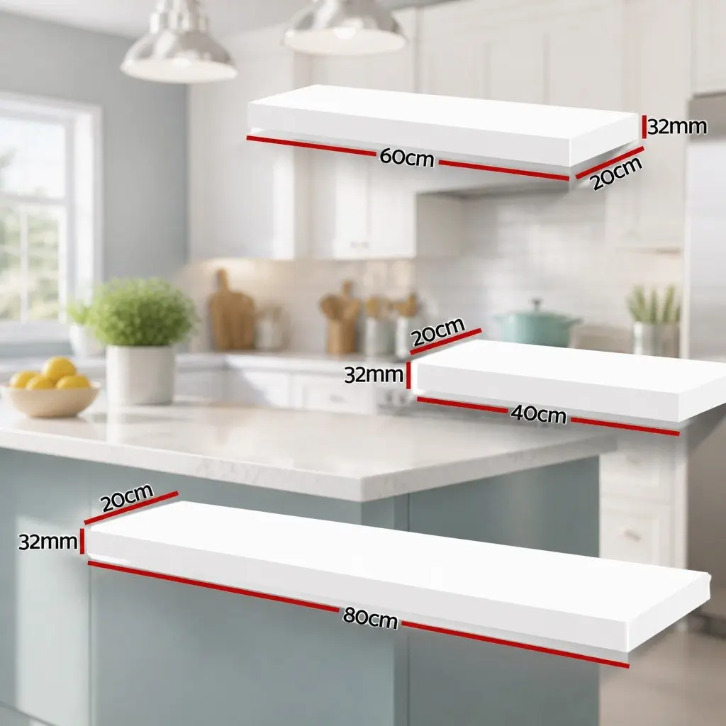 Floating Wall Shelf Set of 3 White Honeycomb Board 20cm Width 40cm 60cm 80cm Lengths