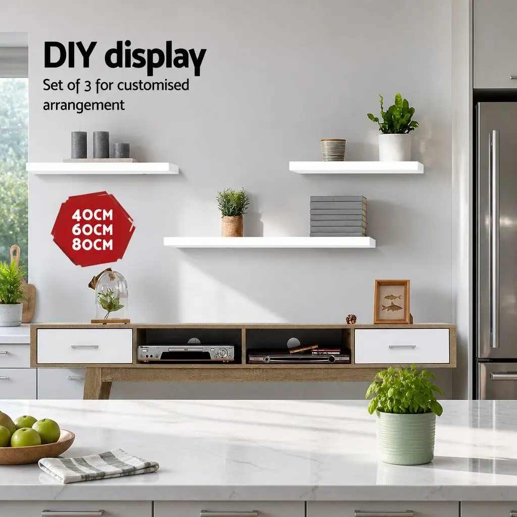 Floating Wall Shelf Set of 3 White Honeycomb Board 20cm Width 40cm 60cm 80cm Lengths