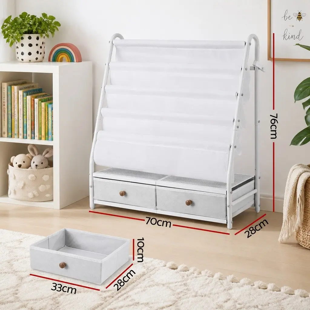 Kids Bookshelf Metal Storage Rack White 70cm x 28cm x 76cm Non-Woven Fabric Drawers