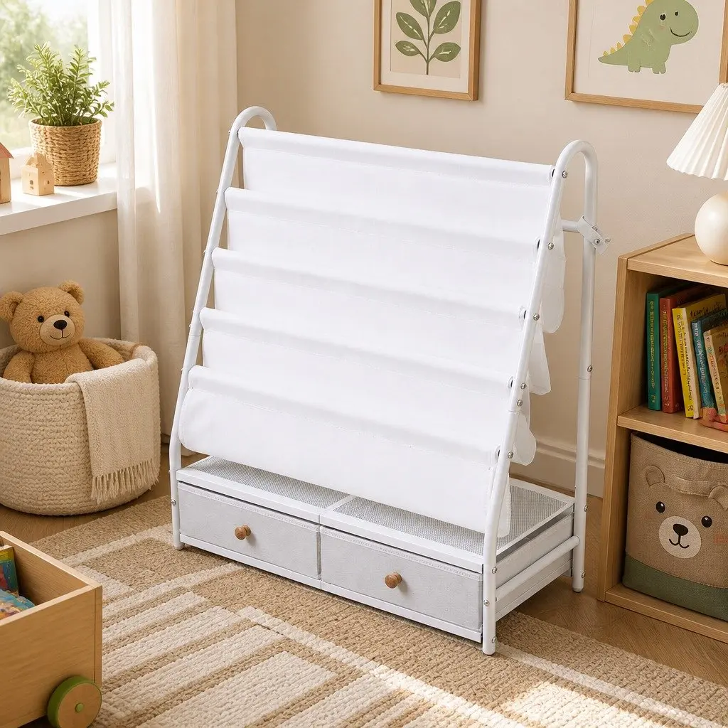 Kids Bookshelf Metal Storage Rack White 70cm x 28cm x 76cm Non-Woven Fabric Drawers