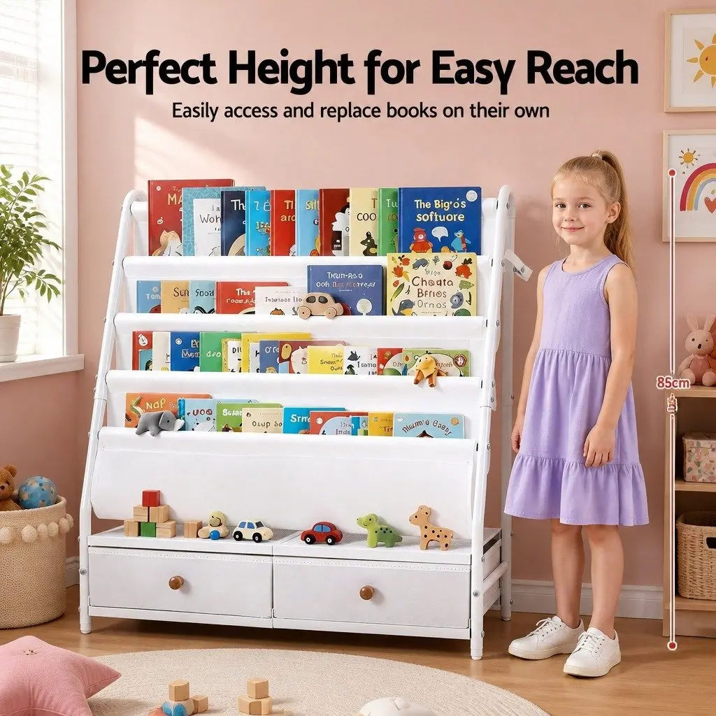 Kids Bookshelf Metal Storage Rack White 70cm x 28cm x 76cm Non-Woven Fabric Drawers