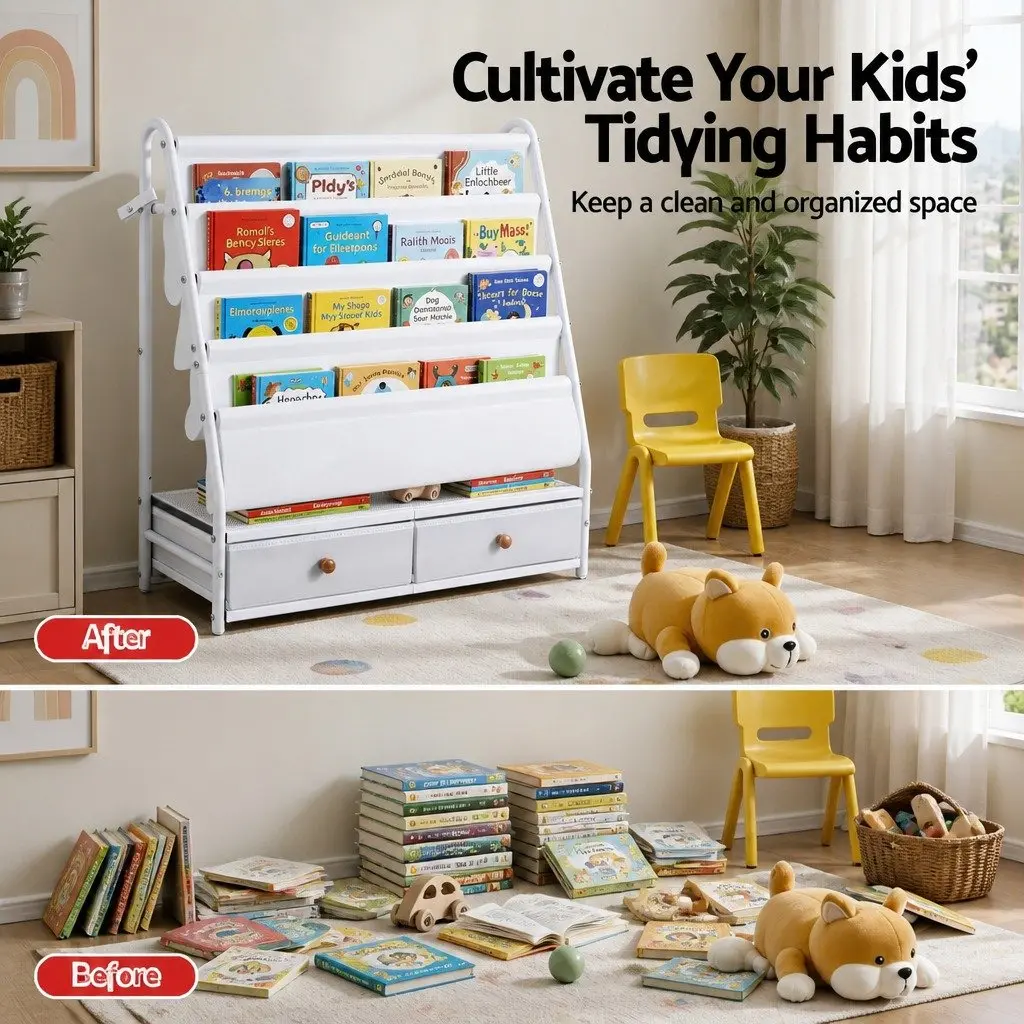 Kids Bookshelf Metal Storage Rack White 70cm x 28cm x 76cm Non-Woven Fabric Drawers
