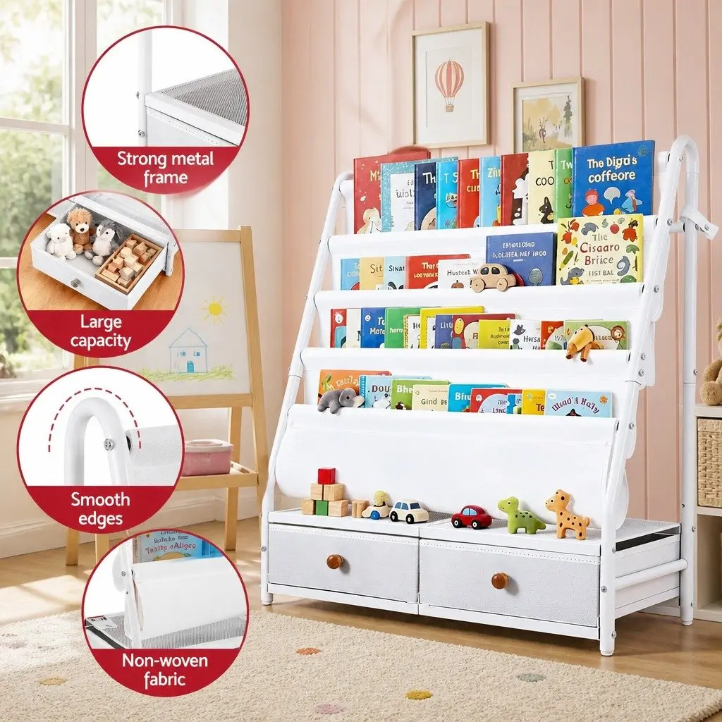 Kids Bookshelf Metal Storage Rack White 70cm x 28cm x 76cm Non-Woven Fabric Drawers
