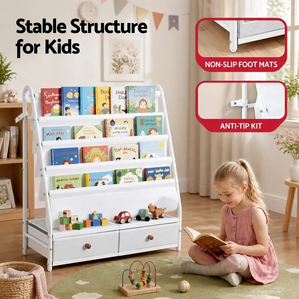 Kids Bookshelf Metal Storage Rack White 70cm x 28cm x 76cm Non-Woven Fabric Drawers